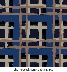 Tartan. Seamless Grunge Pattern with Hand Painted Crossing Brush Strokes for Wrapping Paper, Linen, Sportswear. Rustic Check Texture. Vector Seamless Kilt Texture. Scottish Ornament