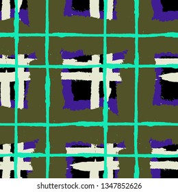Tartan. Seamless Grunge Pattern with Hand Painted Crossing Lines for Swimwear, Fabric, Textile. Rustic Check Texture. Vector Seamless Kilt Texture.