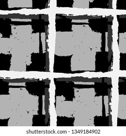 Tartan. Seamless Grunge Pattern with Hand Painted Crossing Brush Strokes for Print, Upholstery, Textile. Rustic Check Texture. Vector Seamless Plaid Texture.