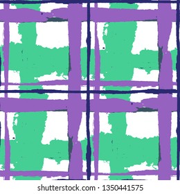 Tartan. Seamless Grunge Pattern with Hand Painted Crossing Brush Strokes for Swimwear, Fabric, Textile. Rustic Check Texture. Vector Seamless Kilt Texture. Scottish Ornament