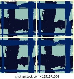 Tartan. Seamless Grunge Pattern with Hand Painted Crossing Brush Strokes for Swimwear, Upholstery, Textile. Rustic Check Texture. Vector Seamless Tartan.