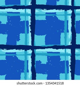 Tartan. Seamless Grunge Pattern with Hand Painted Crossing Brush Strokes for Swimwear, Upholstery, Textile. Rustic Check Texture. Vector Seamless Plaid. Scottish Ornament
