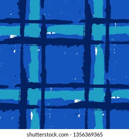 Tartan. Seamless Grunge Pattern with Hand Painted Crossing Stripes for Wallpaper, Linen, Sportswear. Rustic Check Texture. Vector Seamless Kilt Texture.