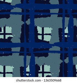 Tartan. Seamless Grunge Pattern with Hand Painted Crossing Brush Strokes for Wrapping Paper, Linen, Sportswear. Rustic Check Texture. Vector Seamless Kilt Texture. Scottish Ornament