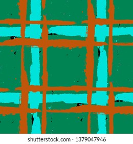 Tartan. Seamless Grunge Pattern with Hand Painted Crossing Brush Strokes for Swimwear, Fabric, Textile. Rustic Check Texture. Vector Seamless Plaid. Scottish Ornament