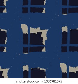 Tartan. Seamless Grunge Pattern with Hand Painted Crossing Lines for Wrapping Paper, Linen, Sportswear. Rustic Check Texture. Vector Seamless Tartan.