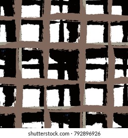 Tartan. Seamless Grunge Pattern with Hand Painted Crossing Lines for Print, Upholstery, Cloth. Rustic Check Texture. Vector Seamless Kilt Texture. Scottish 
Ornament