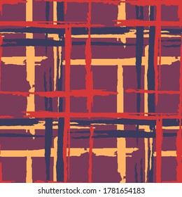 Tartan. Seamless Grunge Stripes. Abstract Texture with Horizontal and Vertical Brush Strokes. Scribbled Grunge Pattern for Chintz, Curtain, Paper. Scottish Ornament. Vector Texture.