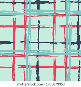 Tartan. Seamless Grunge Stripes. Abstract Texture with Horizontal and Vertical Dry Brush Strokes. Scribbled Grunge Motif for Dress, Paper, Tablecloth. Irish Ornament. Vector Texture.
