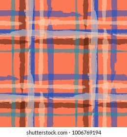 Tartan. Seamless Grunge Texture with Hand Painted Crossing Lines for Print, Linen, Cloth. Rustic Check Texture. Vector Seamless Kilt Texture. Scottish 
Ornament