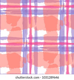Tartan. Seamless Grunge Texture with Hand Painted Crossing Stripes for Wallpaper, Linen, Cloth. Rustic Check Texture. Vector Seamless Plaid Texture.