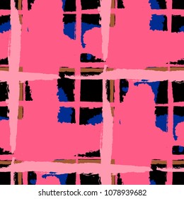 Tartan. Seamless Grunge Texture with Hand Painted Crossing Stripes for Print, Linen, Cloth. Rustic Check Texture. Vector Seamless Kilt Texture.