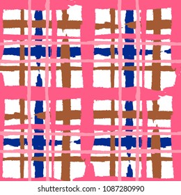 Tartan. Seamless Grunge Texture with Hand Painted Crossing Brush Strokes for Wrapping Paper, Linen, Sportswear. Rustic Check Texture. Vector Seamless Plaid Texture.