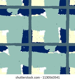 Tartan. Seamless Grunge Texture with Hand Painted Crossing Stripes for Wrapping Paper, Linen, Sportswear. Rustic Check Texture. Vector Seamless Kilt Texture.