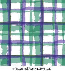 Tartan. Seamless Grunge Texture with Hand Painted Crossing Lines for Print, Linen, Cloth. Rustic Check Texture. Vector Seamless Kilt Texture. Scottish Ornament