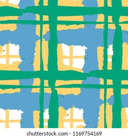 Tartan. Seamless Grunge Texture with Hand Painted Crossing Brush Strokes for Print, Upholstery, Cloth. Rustic Check Texture. Vector Seamless Tartan.