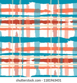 Tartan. Seamless Grunge Texture with Hand Painted Crossing Brush Strokes for Print, Upholstery, Textile. Rustic Check Texture. Vector Seamless Plaid Texture.