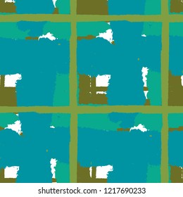 Tartan. Seamless Grunge Texture with Hand Painted Crossing Stripes for Swimwear, Fabric, Textile. Rustic Check Texture. Vector Seamless Plaid. Scottish Ornament