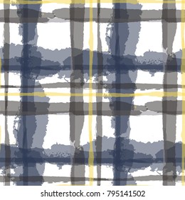 Tartan. Seamless Grunge Texture with Hand Painted Crossing Lines for Swimwear, Upholstery, Textile. Rustic Check Texture. Vector Seamless Plaid Texture.
