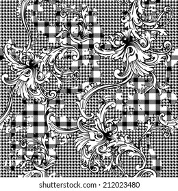 Tartan seamless pattern with baroque ornament. 