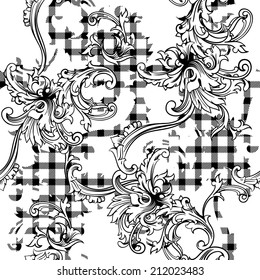 Tartan seamless pattern with baroque ornament. 