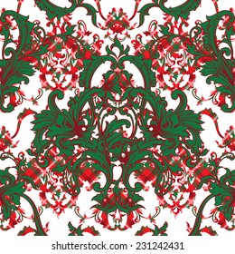 Tartan seamless pattern with baroque ornament. 