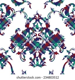 Tartan seamless pattern with baroque ornament.
