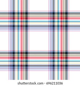 Tartan seamless pattern with black blue red streaks on white, vector illustration