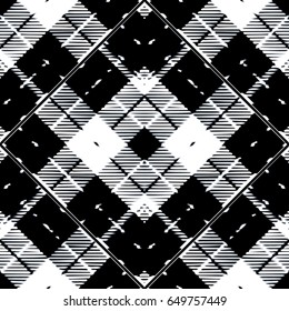 Tartan seamless pattern. Check black white background wallpaper illustration with geometric tile squares, rhombus, lines and abstract modern ornaments. Vector luxury texture.