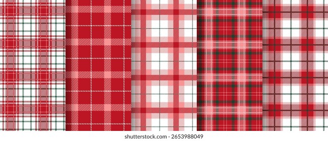 Tartan padrão sem emenda. Natal jogado fundo. Definir texturas de flanela. Verifique o pano vermelho. Impressão de lenhador. Tecido de gingham. Toalha de mesa Vichy. Cenários têxteis. Projeto de livro de recortes. Ilustração vetorial