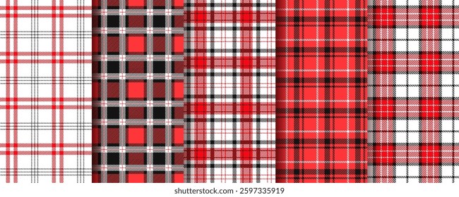 Tartan seamless pattern. Gingham red black background. Checkered lumberjack textures. Set plaid table cloth prints. Flannel tablecloth. Check kitchen textile. Vichy cotton cloth. Vector illustration
