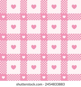 Tartán patrón sin fisuras con corazones. Fondo rosa a cuadros. Ilustración vectorial.