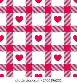 Tartan seamless pattern with hearts. Valentine's day. Checkered red background. 