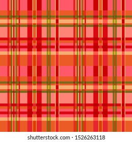 Tartan seamless pattern red, orange, pink and green tones. Plaid texture print background.