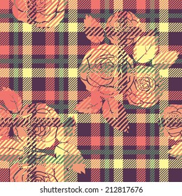 Tartan seamless pattern with rose