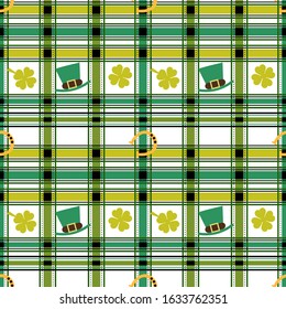 Tartan seamless pattern for saint Patrick's day with horseshoe, hat and shamrocks.