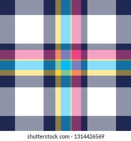 Tartan seamless plaid pattern in blue, pink, dark blue, yellow and white combination for textile design. Trendy tiling illustration for wallpapers