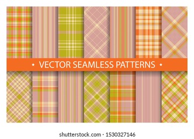 Tartan-Set Muster nahtlose Planiervektor. Geometrische Textur des Hintergrunds. Moderne Scheck-Modevorlage für den Stoffdruck, Verpackungspapier, Geschenkkarte, Tapete-Flachdesign.