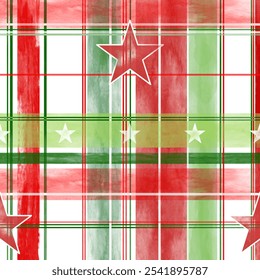 Tartan with stars red, green and white textured in watercolor look. Plaid tartan endless pattern for Christmas decorations.