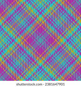 Tartan textile background of fabric texture pattern with a plaid check seamless vector in cyan and violet colors.