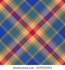 Fondo textil tartán de tela de patrón sin fisuras con un vector de verificación de manchas de textura en colores azul y ámbar.