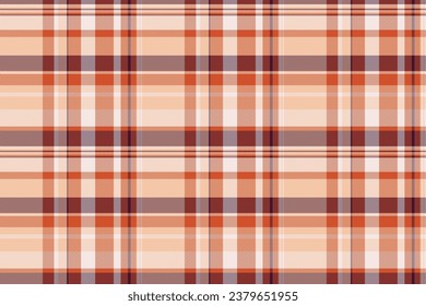 Tartan textile texture of check seamless background with a vector pattern fabric plaid in orange and red colors.