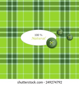 Tartan traditional checkered british fabric seamless pattern. Vector green background with button, tartan, text. Vintage fabric texture