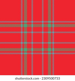 Tartan vector fabric of seamless check pattern with a plaid texture background textile in red and turquoise colors.