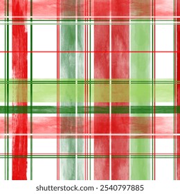 Tartan vector red, green and white textured in watercolor look. Plaid tartan endless pattern.