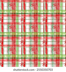 Tartan vector with stars red, green and white textured in watercolor look. Plaid tartan endless pattern for Christmas decorations.