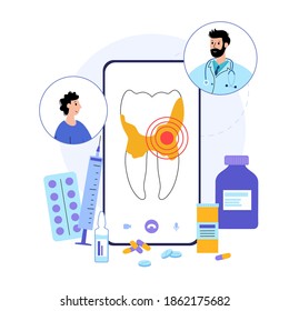 Tartar, plaque, toothache disease. Dental clinic care. Stomatology, tooth anatomy poster isolated vector illustration. Oral hygiene medical banner. Medicine, pills, diagnosis and treatment for teeth.