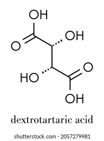 Tartaric acid (dextrotartaric acid) molecule. Acid present in wine, added as oxidant additive E334 to food. Skeletal formula.