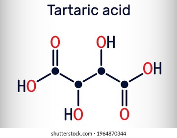 Tartaric acid molecule. It is antioxidant E334, occurs in grapes, bananas, tamarinds, citrus. Skeletal chemical formula. Vector illustration
