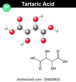 Tartaric acid molecule, tartrate, structural chemical formula and model, 2d & 3d vector, food additive E334, isolated on white background, eps 8